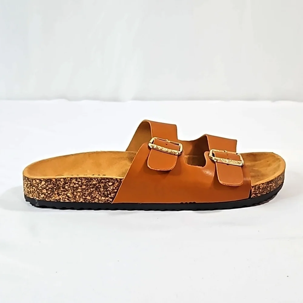 Anna Glory Brown Double Buckle Slide Women's Sandals Size 8